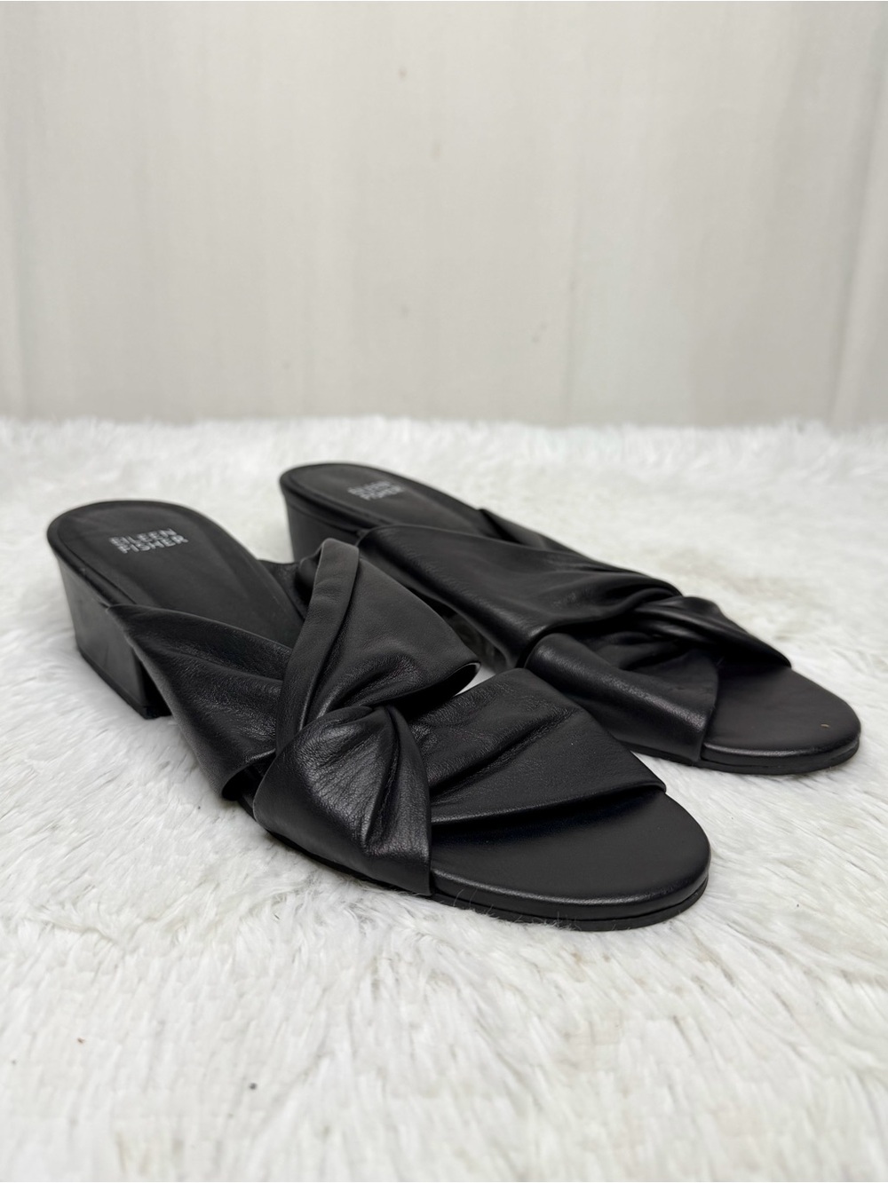 EILEEN FISHER / black leather knotted slip on wedge chunky slide sandals / 9